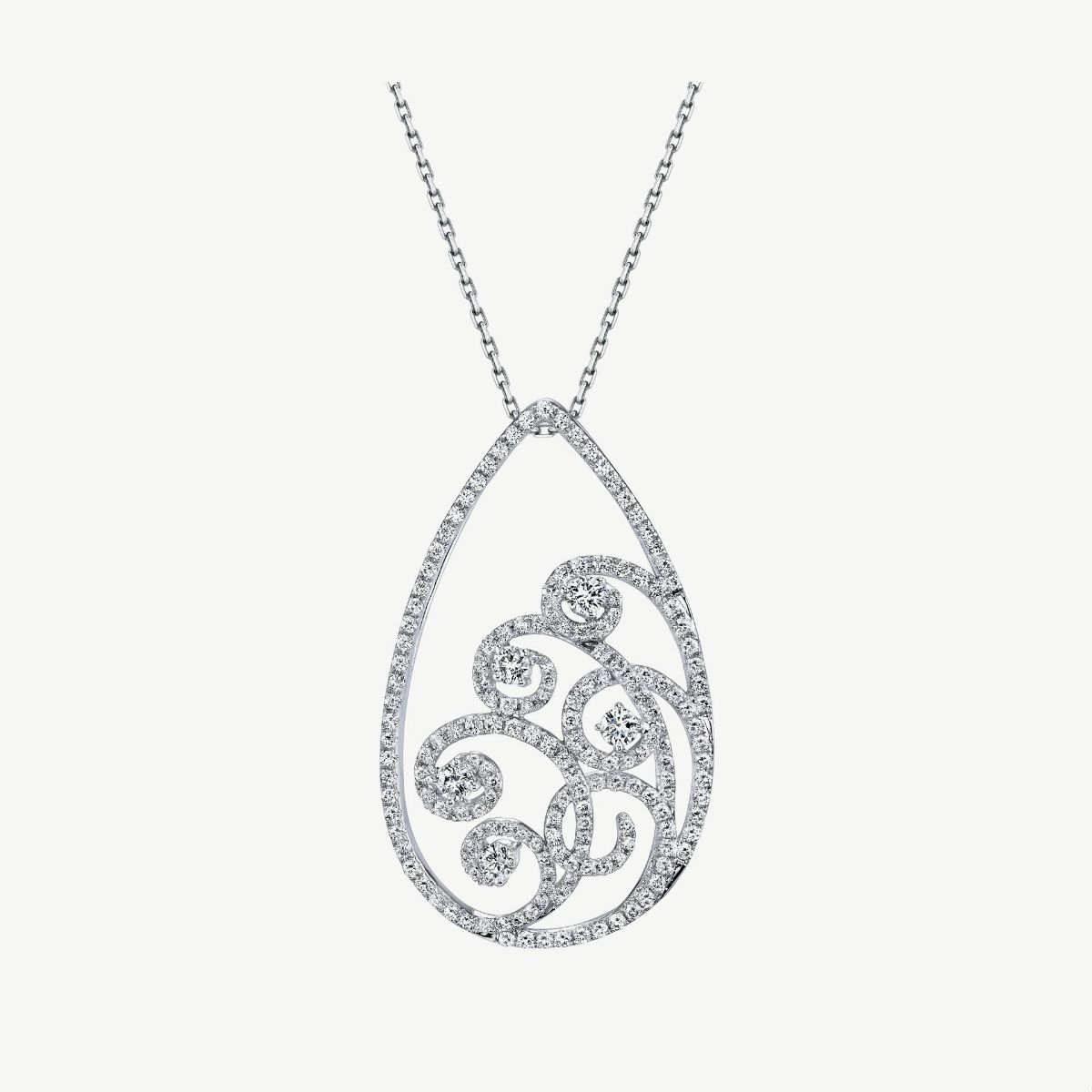 Picture of 14K White Gold Large Open Pear Shaped Pendant with Prong Set Diamonds and Swirl Accent