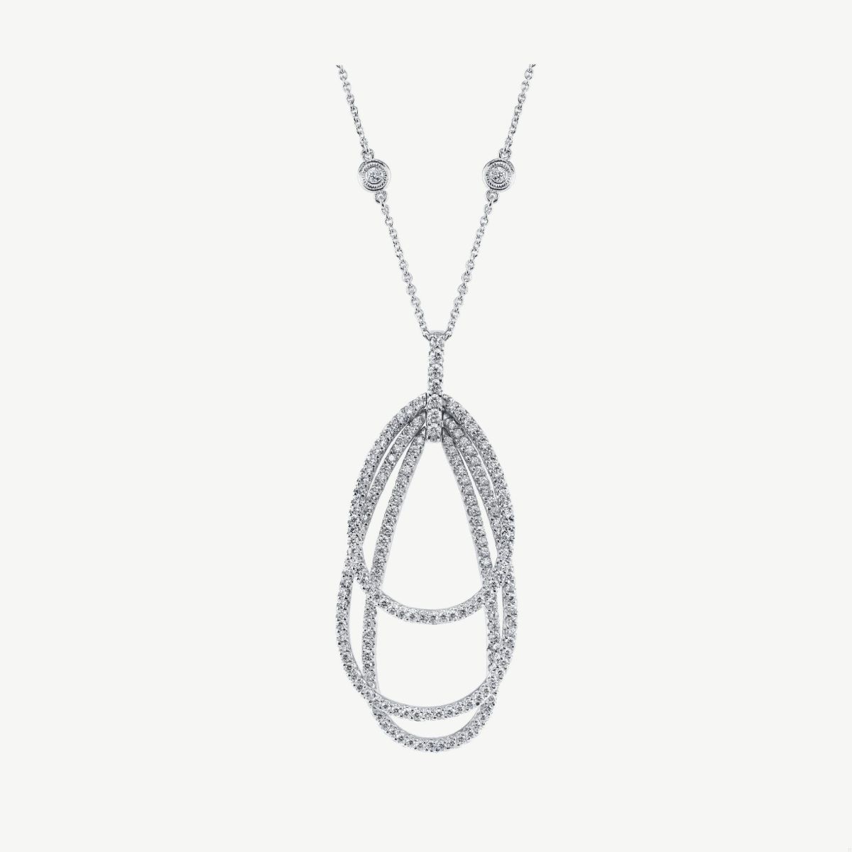 Picture of 14K White Gold Teardrop Pendant with Layered Prong Set Round Diamonds and Diamond Bale