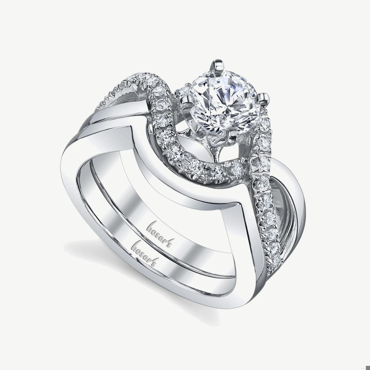 Picture of 14K White Gold Bypass Ring with Prong Set Diamonds, Swirl Design, and Plain Gold Swirls on Shoulders