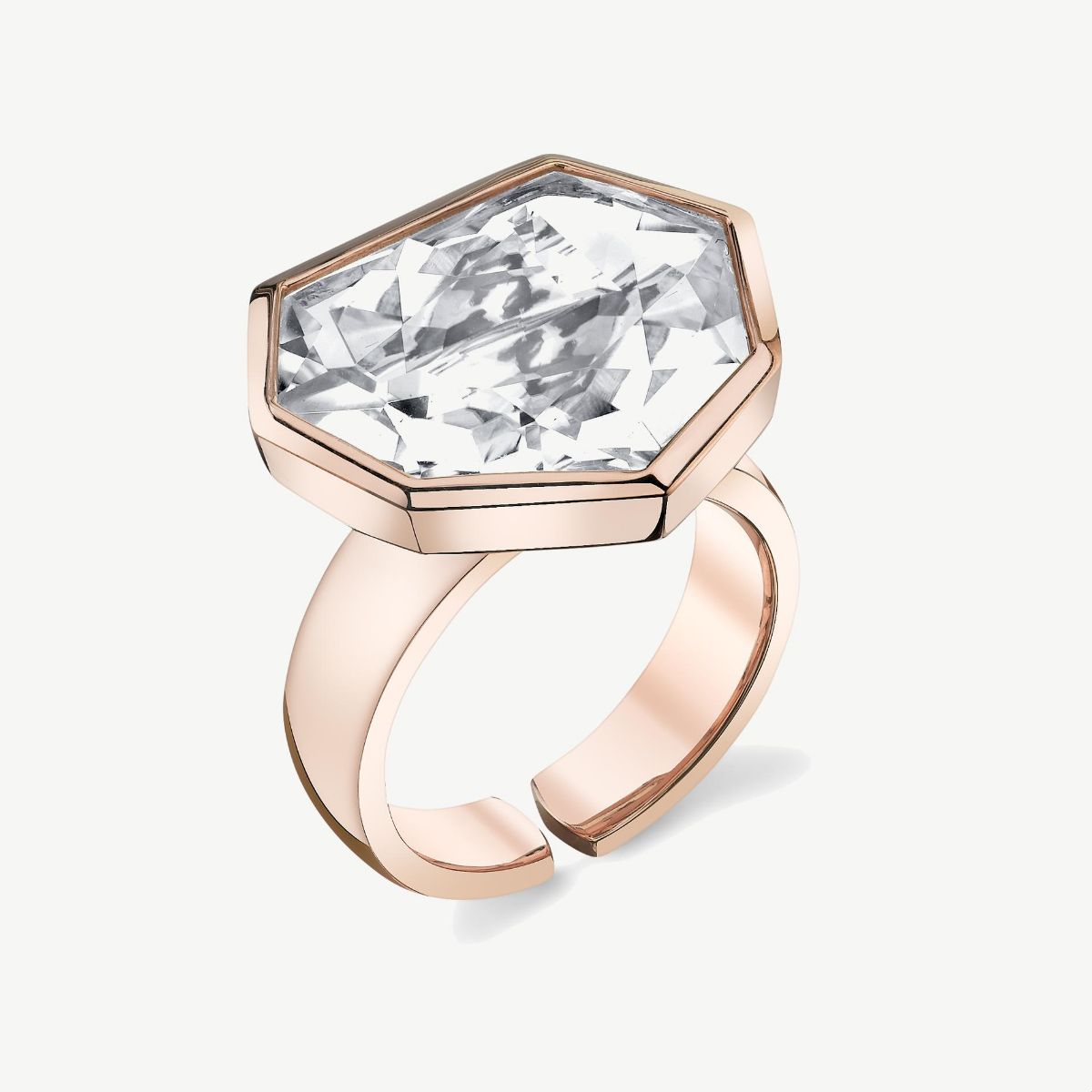 Picture of 14K Rose Gold Crystal Quartz Heptagon-Shaped Bezel Set Ring with Simple Rounded Band