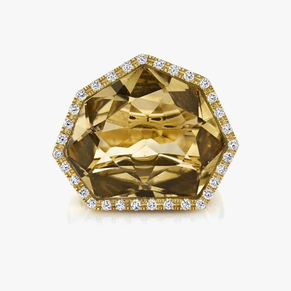 Picture of 14K White Gold Lemon Quartz Heptagon-Shaped Pendant with Halo of Prong Set Diamonds, Bezel Set Shield