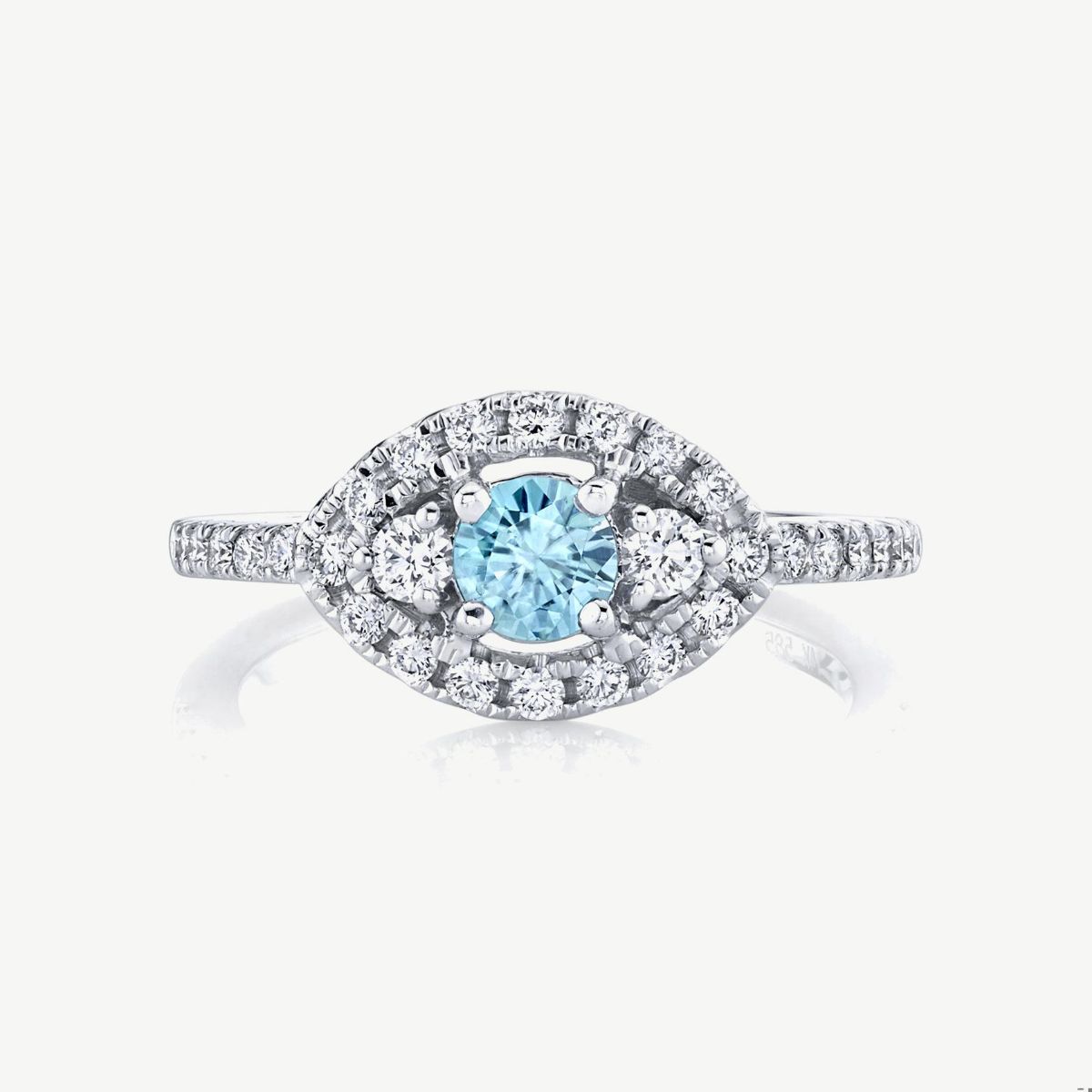 Picture of 14K White Gold Blue Zircon Halo Marquise Ring with Prong Set Round Diamonds and Cast Head
