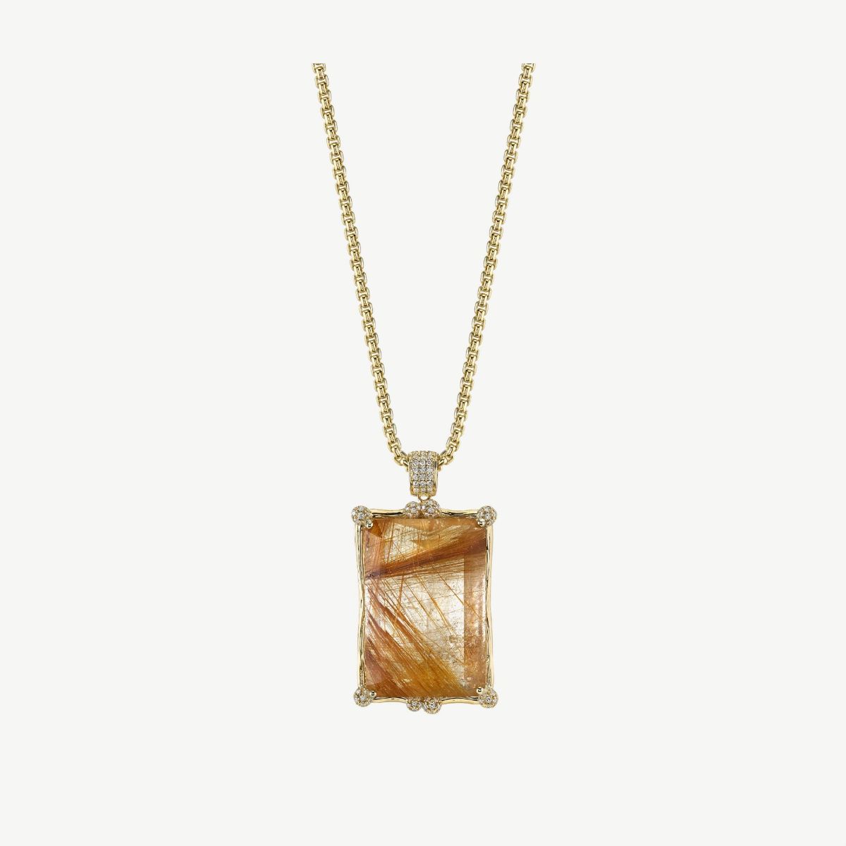 Picture of 14K Yellow Gold Rutilated Quartz Emerald Cut Pendant with Wavy Design and Pave Balls