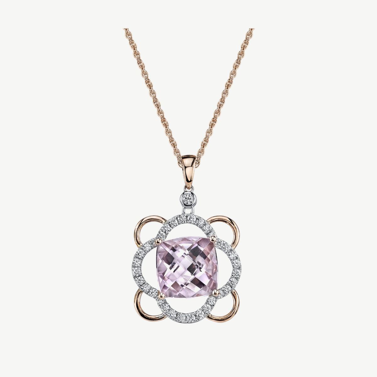 Picture of 14K White Gold Pink Amethyst Clover Pendant with Cushion Cut Center and Scalloped Corners