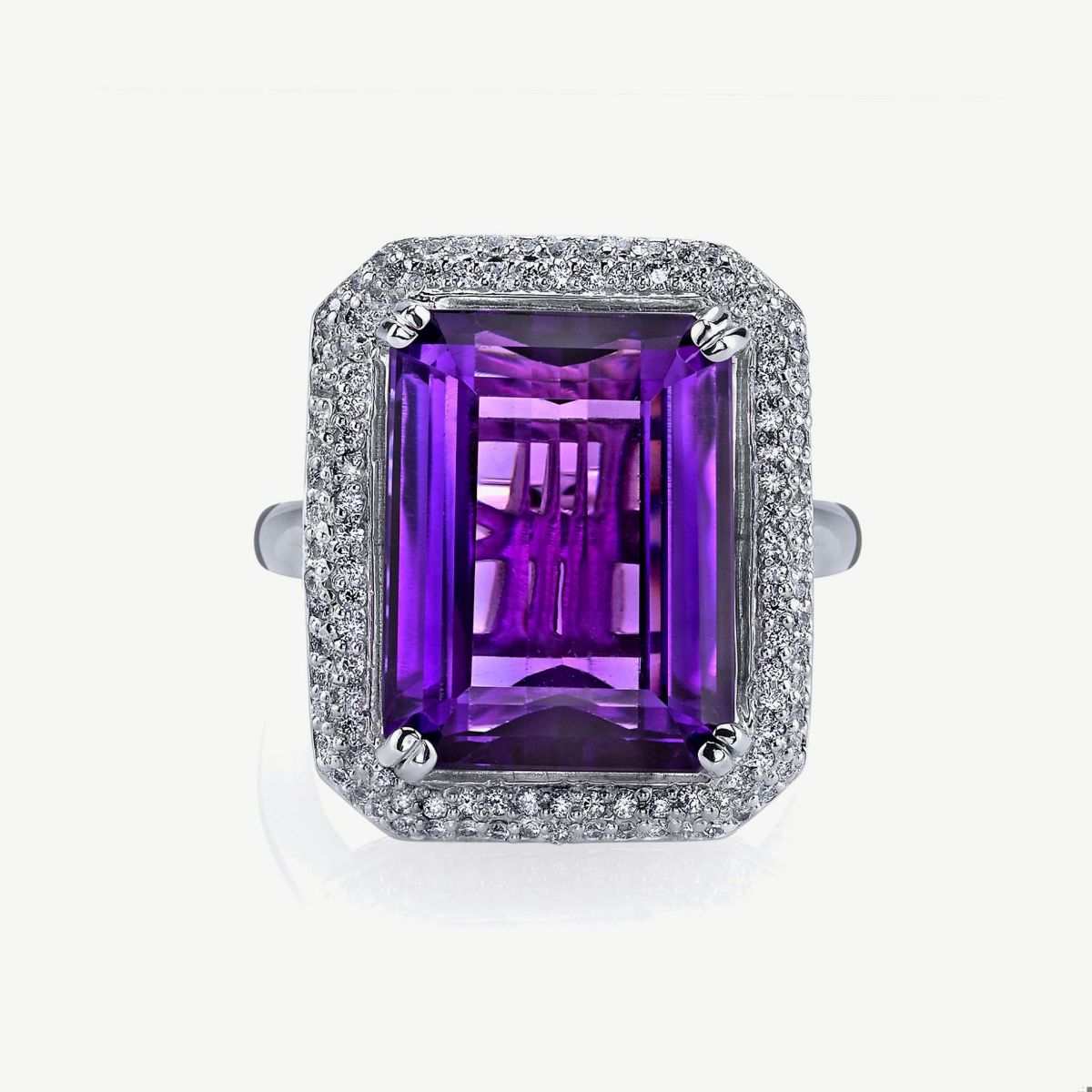 Picture of 14K White Gold Pave Halo Emerald Cut Amethyst and Diamond Ring