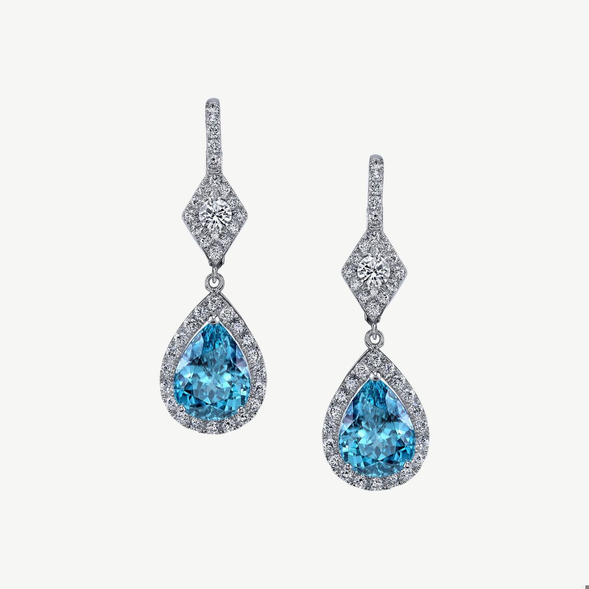Picture of 14K Gold Blue Zircon Halo Earrings with Pear Shape Center and Kite Shaped Top