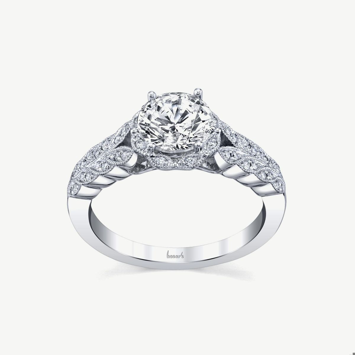 Picture of 14K White Gold Scalloped Halo Round Diamond Ring with Marquise Accents and Milgrain Detail