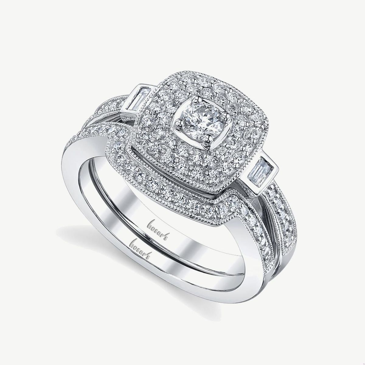 Picture of 14K Gold Halo Cushion Diamond Ring with Bezel Set Baguette and Prong Set Rounds