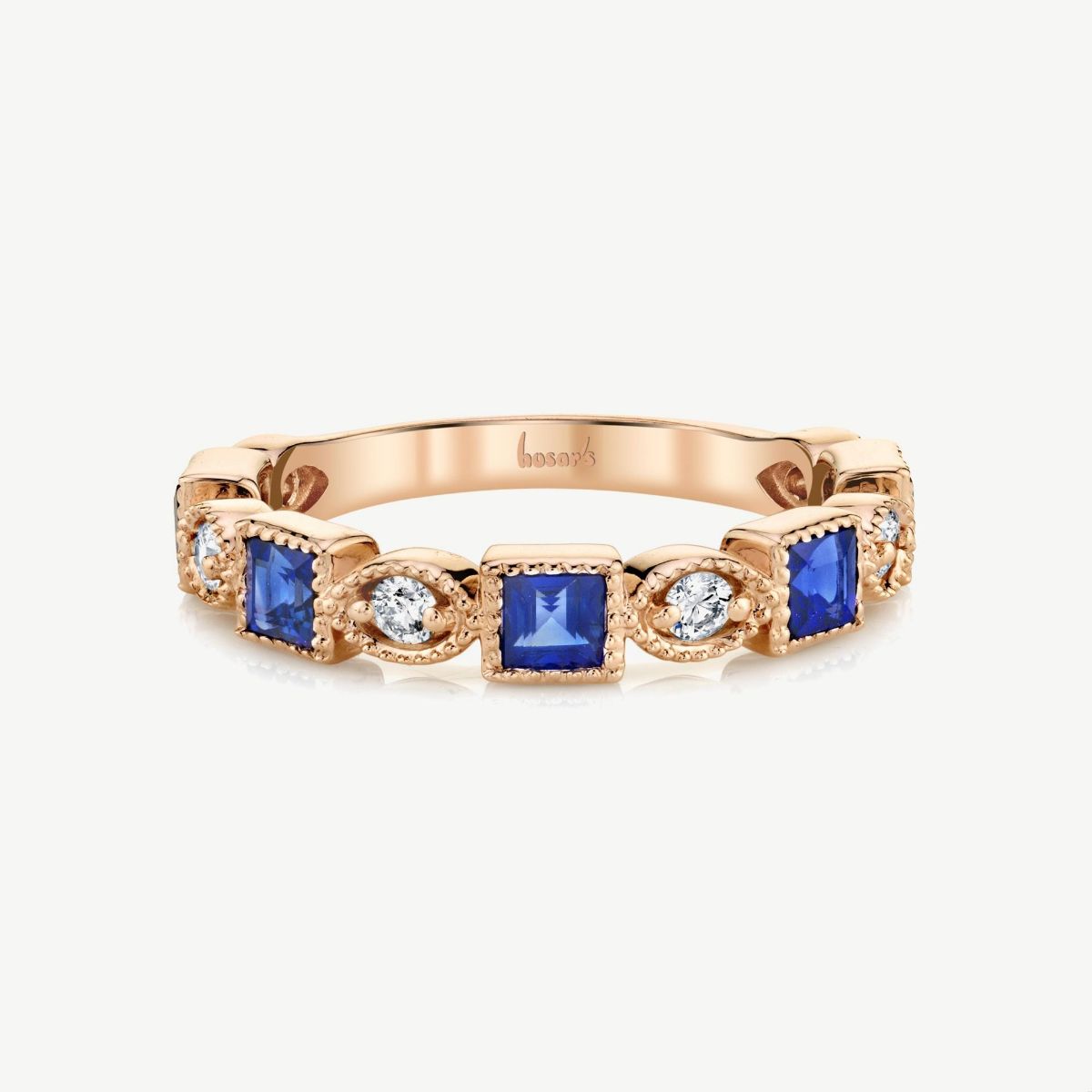 Picture of 14kt Rose Gold Princess Cut Blue Sapphire and Round Diamond Milgrained Ring