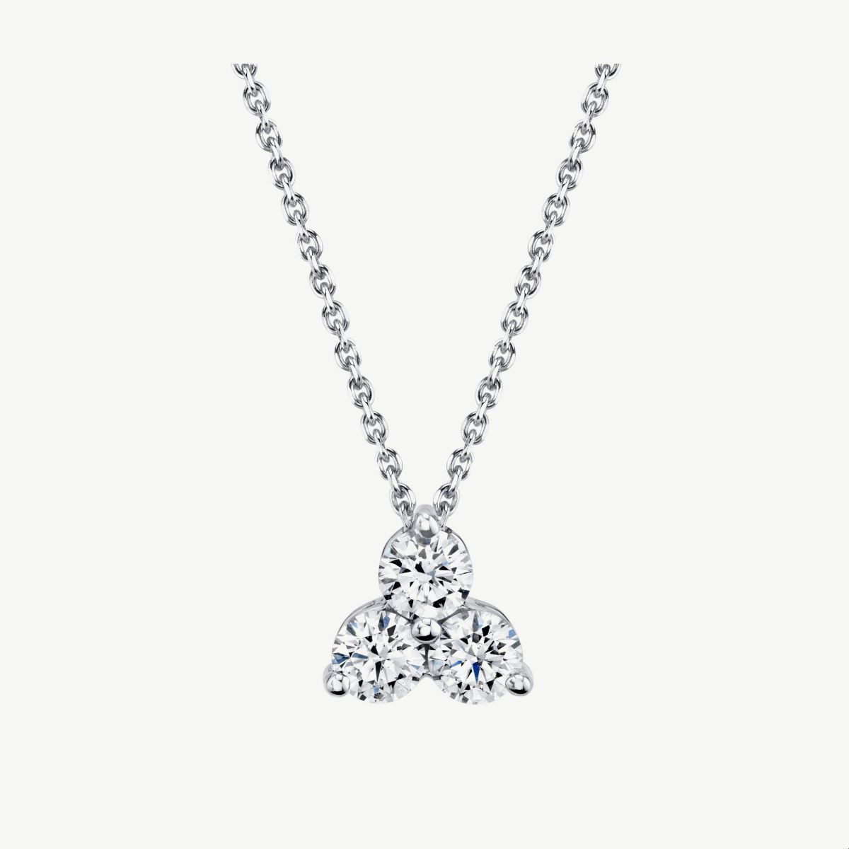 Picture of 14K Gold Three Stone Necklace with Shared Prong Set Rounds in Triangular Shape