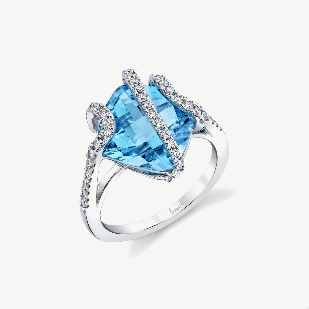Picture of 14K Gold  Blue Topaz Cushion Cut Ring with Curved Prong Set Design