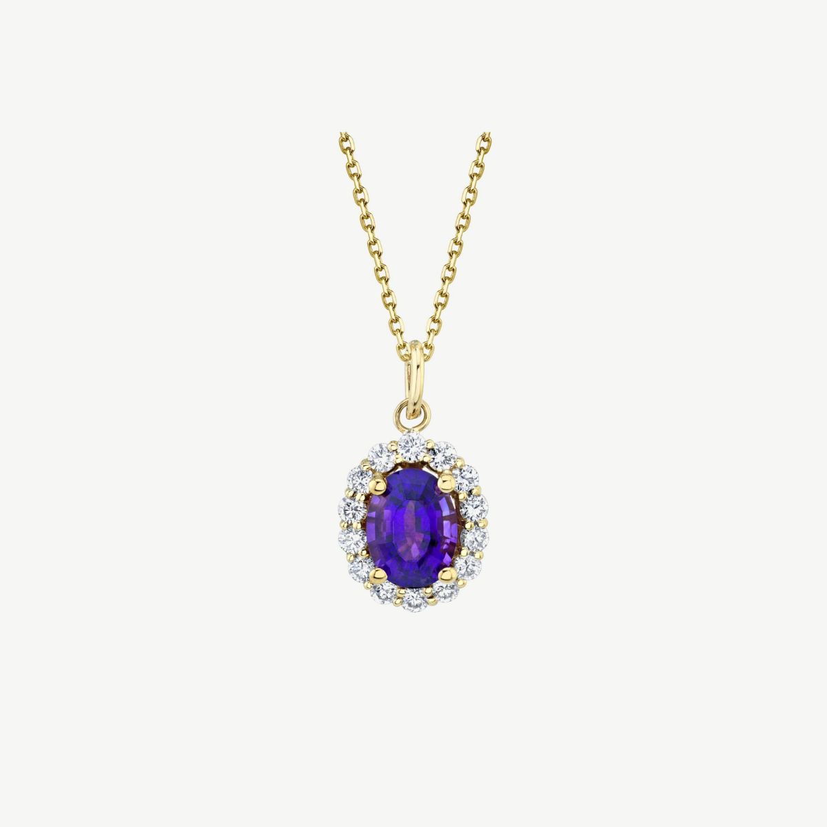 Picture of 14K Gold Amethyst Halo Necklace with Oval Cast Head and Prong Set Rounds