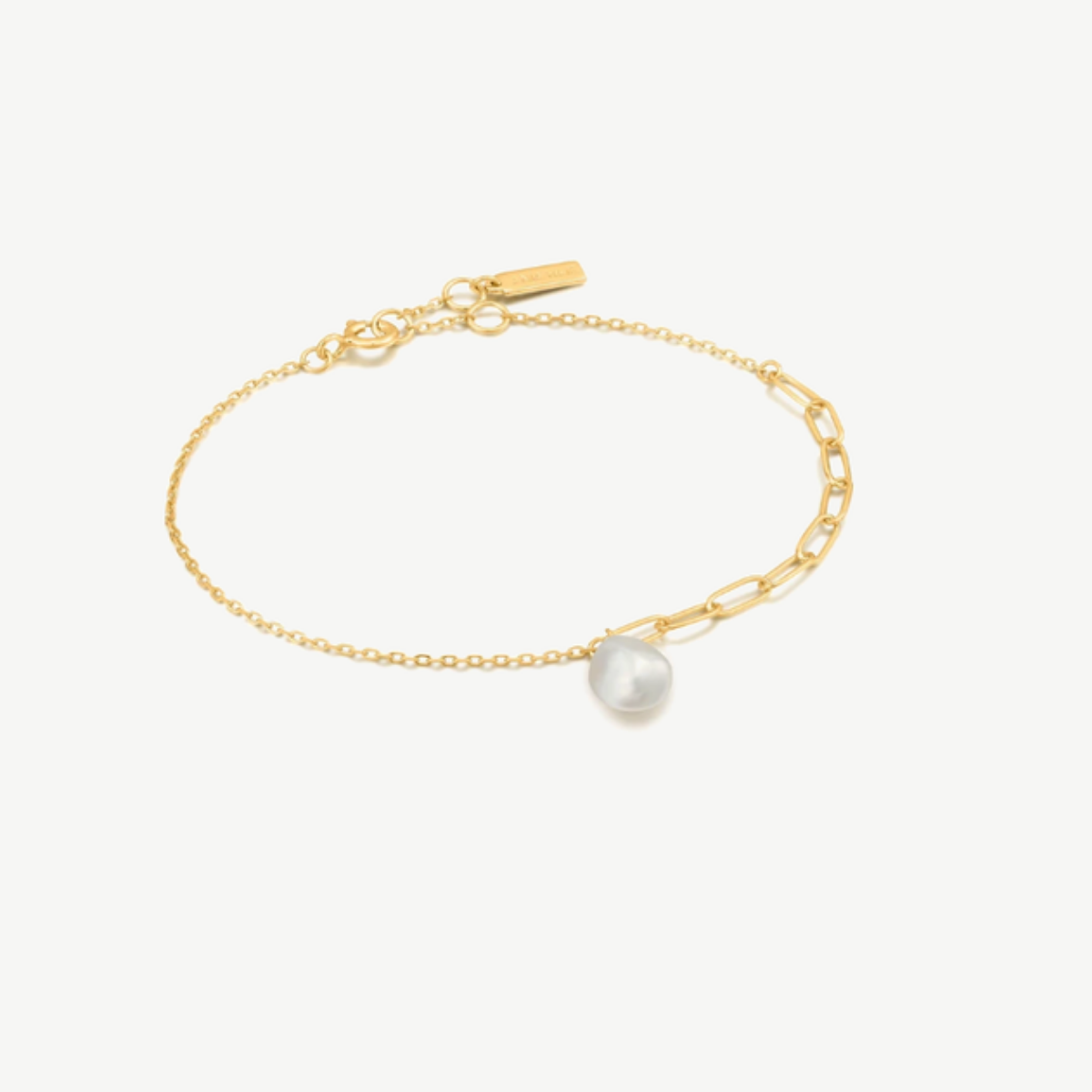 Picture of 14K Yellow Gold Plated Sterling Silver PaperClip and Curb Link Single Pearl Bracelet