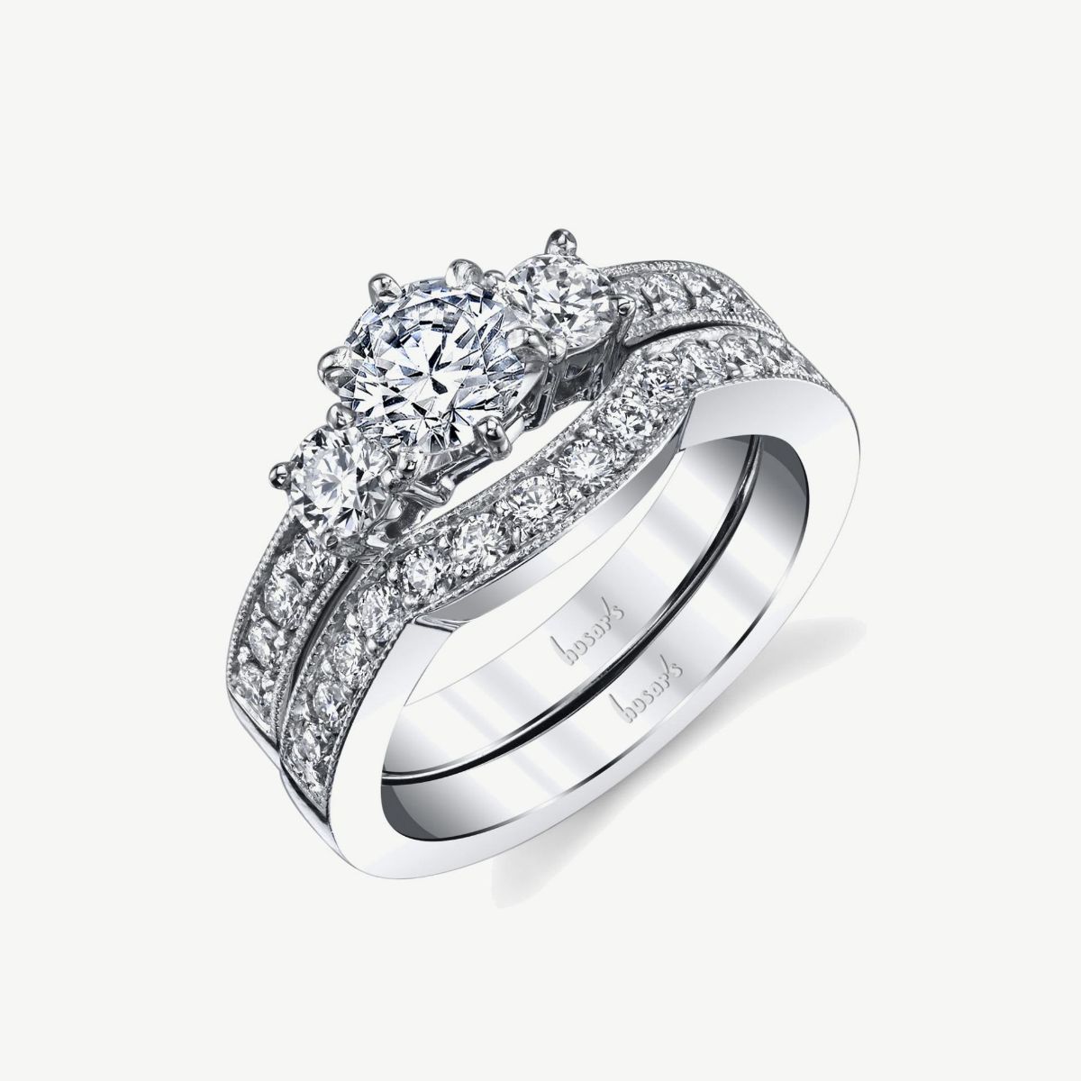 Picture of 14K White Gold Three-Stone Diamond Ring with Prong-Set Rounds on Shoulders