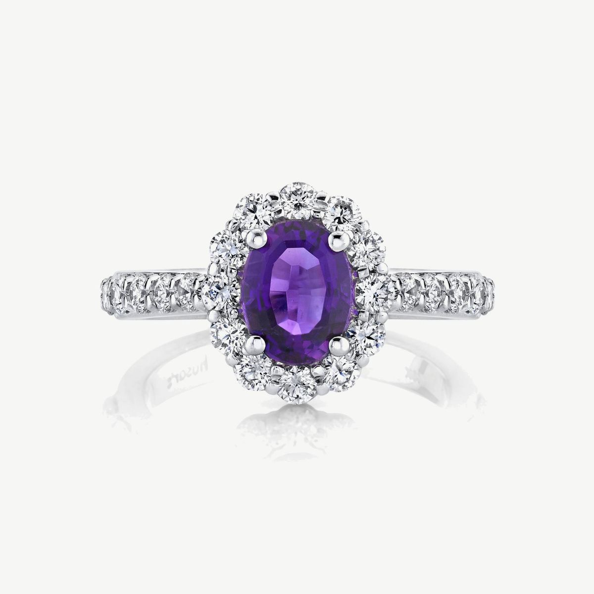 Picture of 14K Gold Amethyst Halo Ring with Cathedral Shoulders and Prong Set Rounds