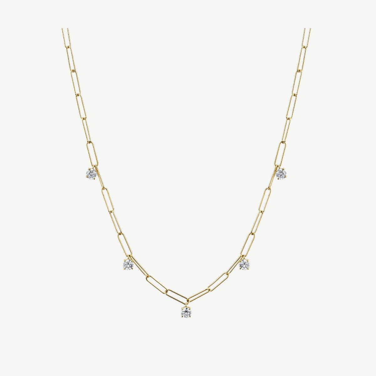 Picture of 14K Gold Diamond Paperclip Necklace with 4 Prong Round Heads and Dangle Design