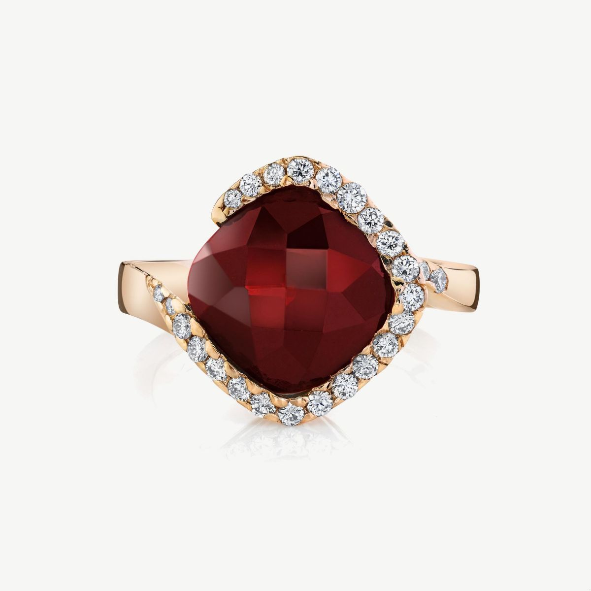 Picture of 14K Gold Pyrope Garnet Bypass Ring with Halo and Cushion Shape