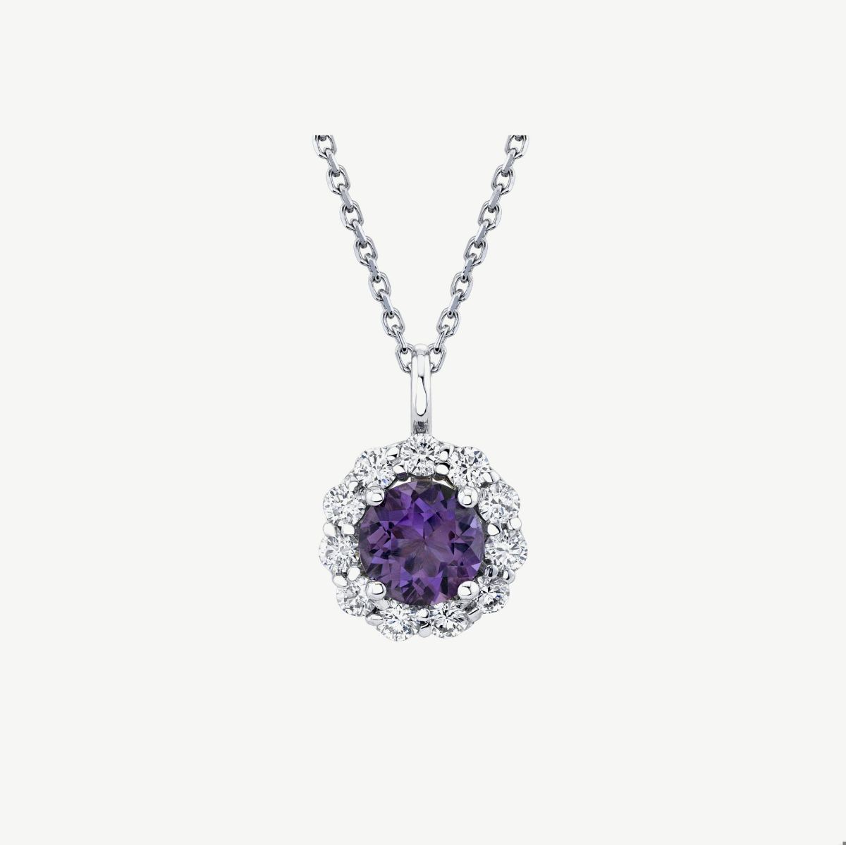 Picture of 14K Gold Amethyst Halo Necklace with Round Cast Head and Straight Bale
