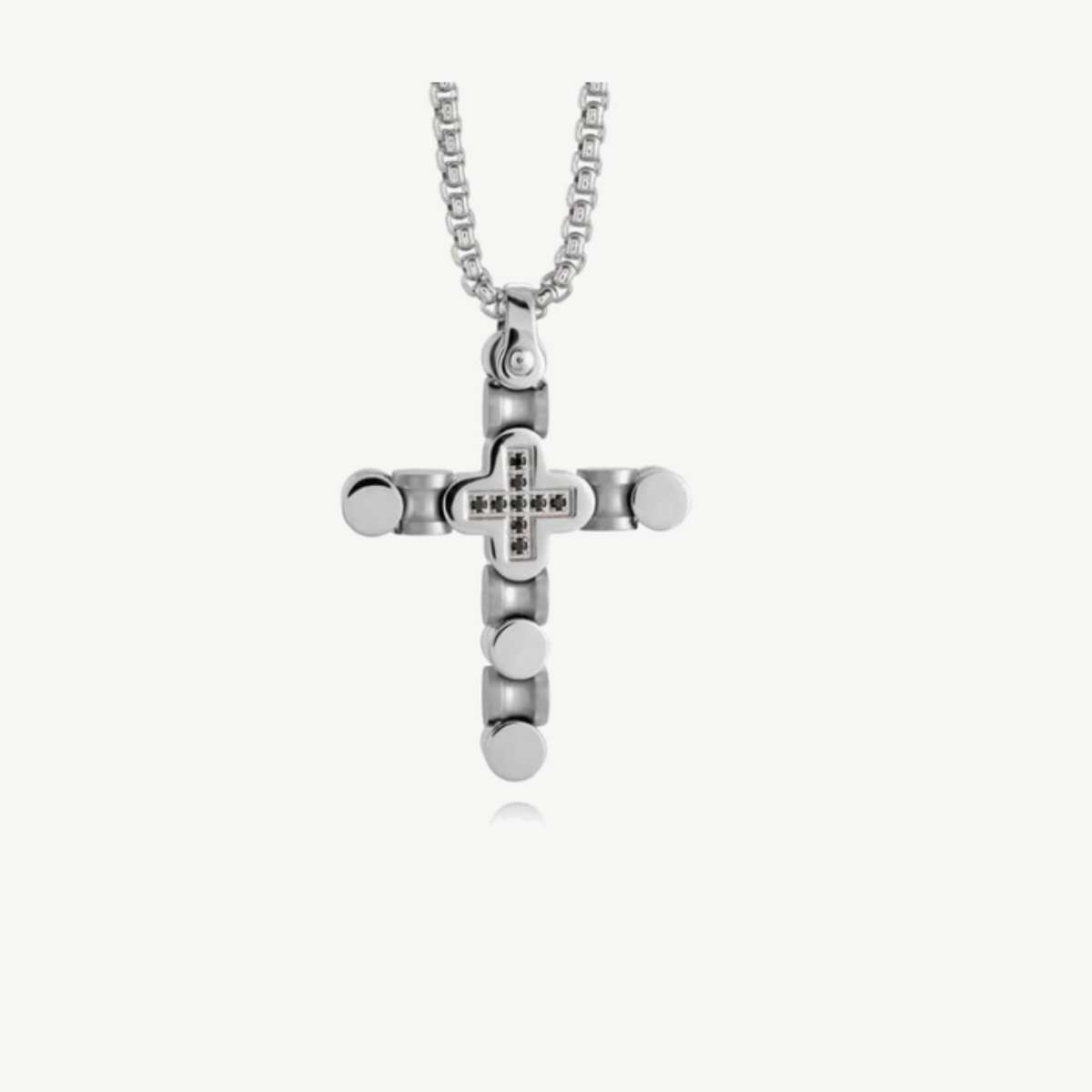 Picture of Stainless Steel Cross Necklace with Black CZ (Cubic Zirconia) and Brushed Finish